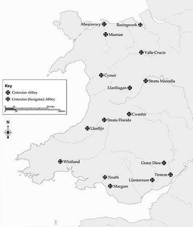 Distribution map of Cistercian houses for the University of Wales Press, book by Janet Burton and Karen Stöber.
