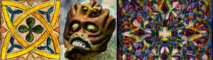 Montage of images for the Patterns, Monsters and Mysteries exhibition.
