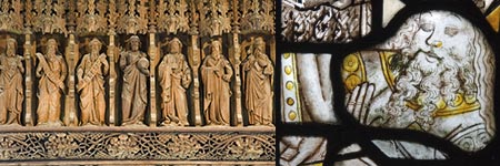 Nineteenth century carved wooden figures and medieval stained glass.