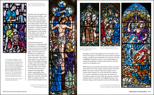 Double page spread with stained glass by Celtic Studios.