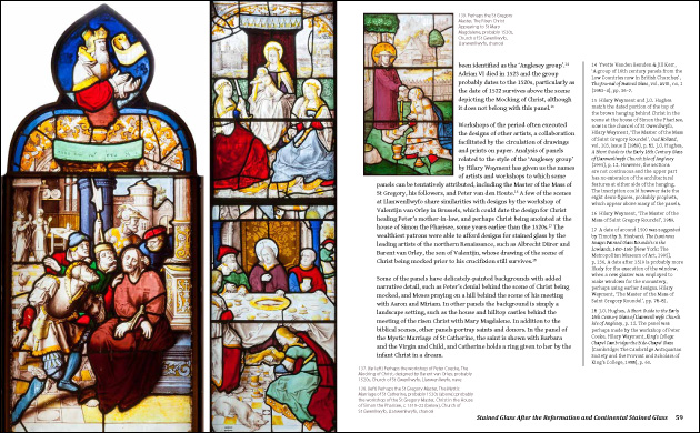 Double page spread with sixteenth century stained glass.
